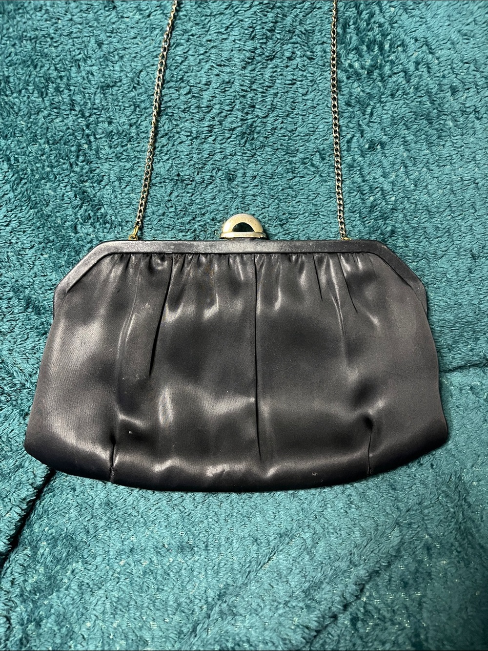 Vintage Black Satin Evening Clutch with Gold Chain Handle